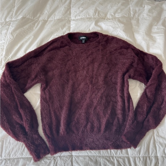 Express Burgundy Fuzzy Faux Fur Sweater XS Bateau Neck Long Sleeve Soft Cozy - Picture 3 of 10